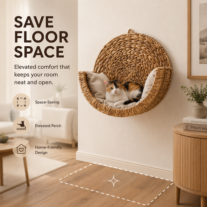 Handwoven Wall-Mounted Cat Bed – Cozy Space-Saving Cat Perch with Cushion