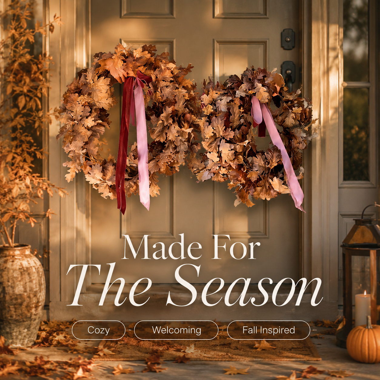 🍂 Set of 2 Autumn Leaf Wreaths With Ribbon – Matching Fall Door & Home Decor