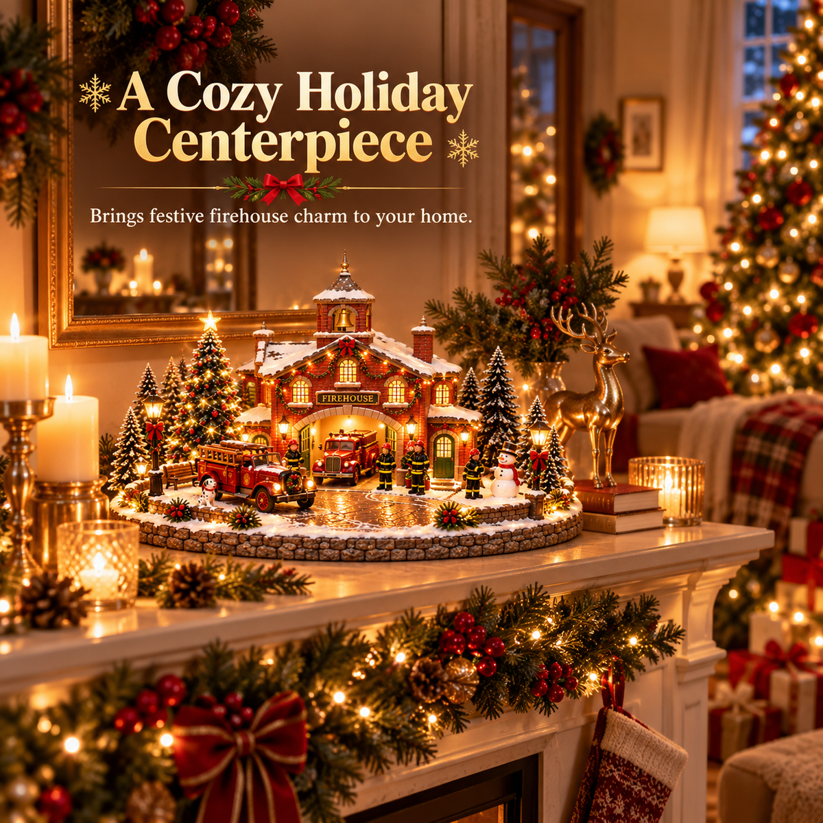 🚒 Lighted Christmas Firehouse Village | Vintage Fire Truck Holiday Décor