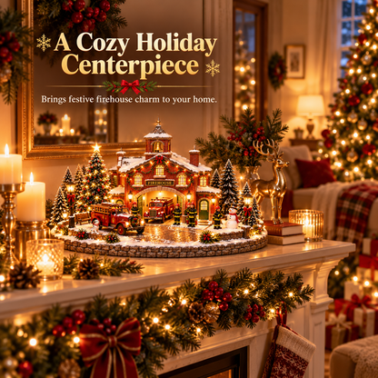 🚒 Light-Up Christmas Firehouse Village – Vintage Fire Truck & Firefighter Holiday Figurine