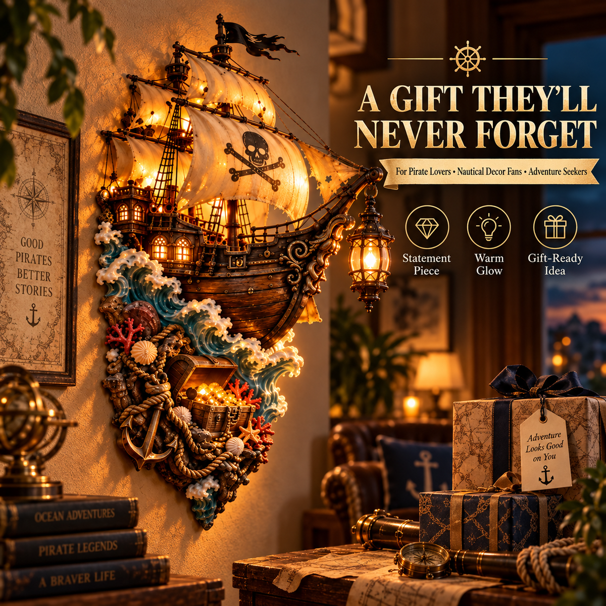 🏴‍☠️ Illuminated Pirate Ship Wall Sculpture – Nautical Treasure Lantern Décor