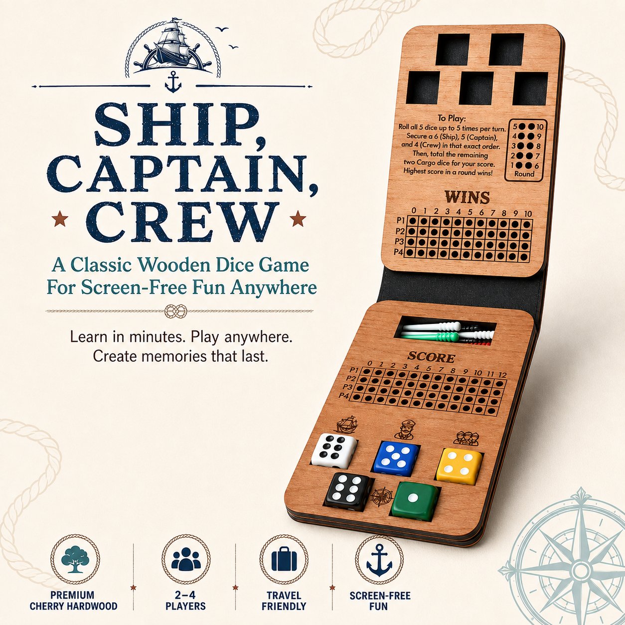 ⚓ Ship, Captain, Crew – A Classic Wooden Dice Game For Family & Travel Fun