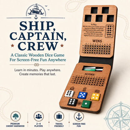 ⚓ Ship, Captain, Crew – A Classic Wooden Dice Game For Family & Travel Fun