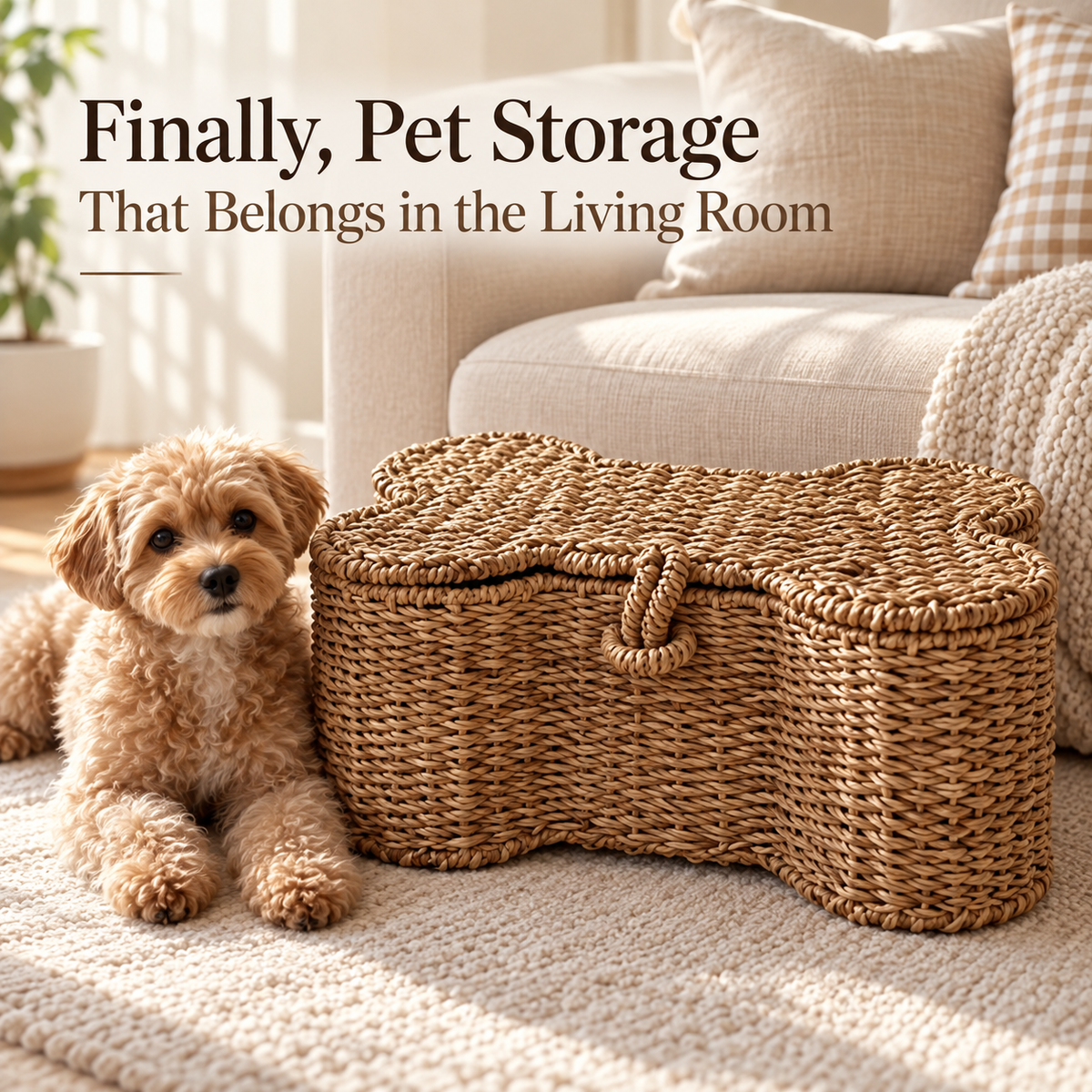Bone shaped woven dog toy storage basket beside a dog in a neutral living room