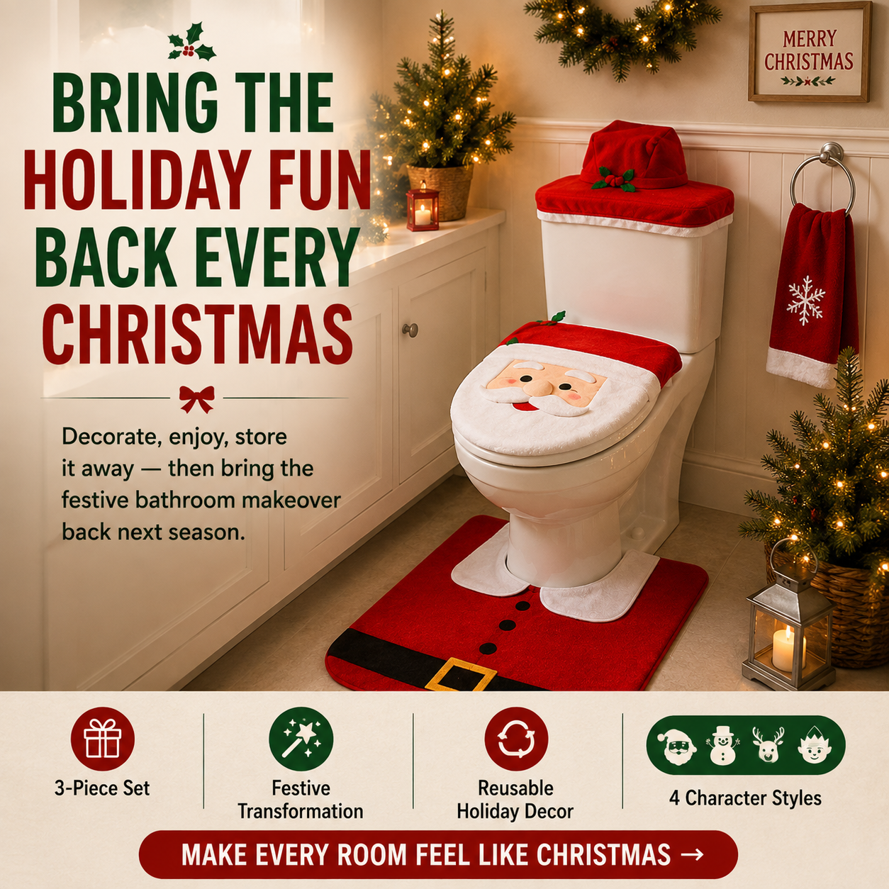 🎅Christmas Toilet Decor Set | 3-Piece Bathroom Holiday Makeover