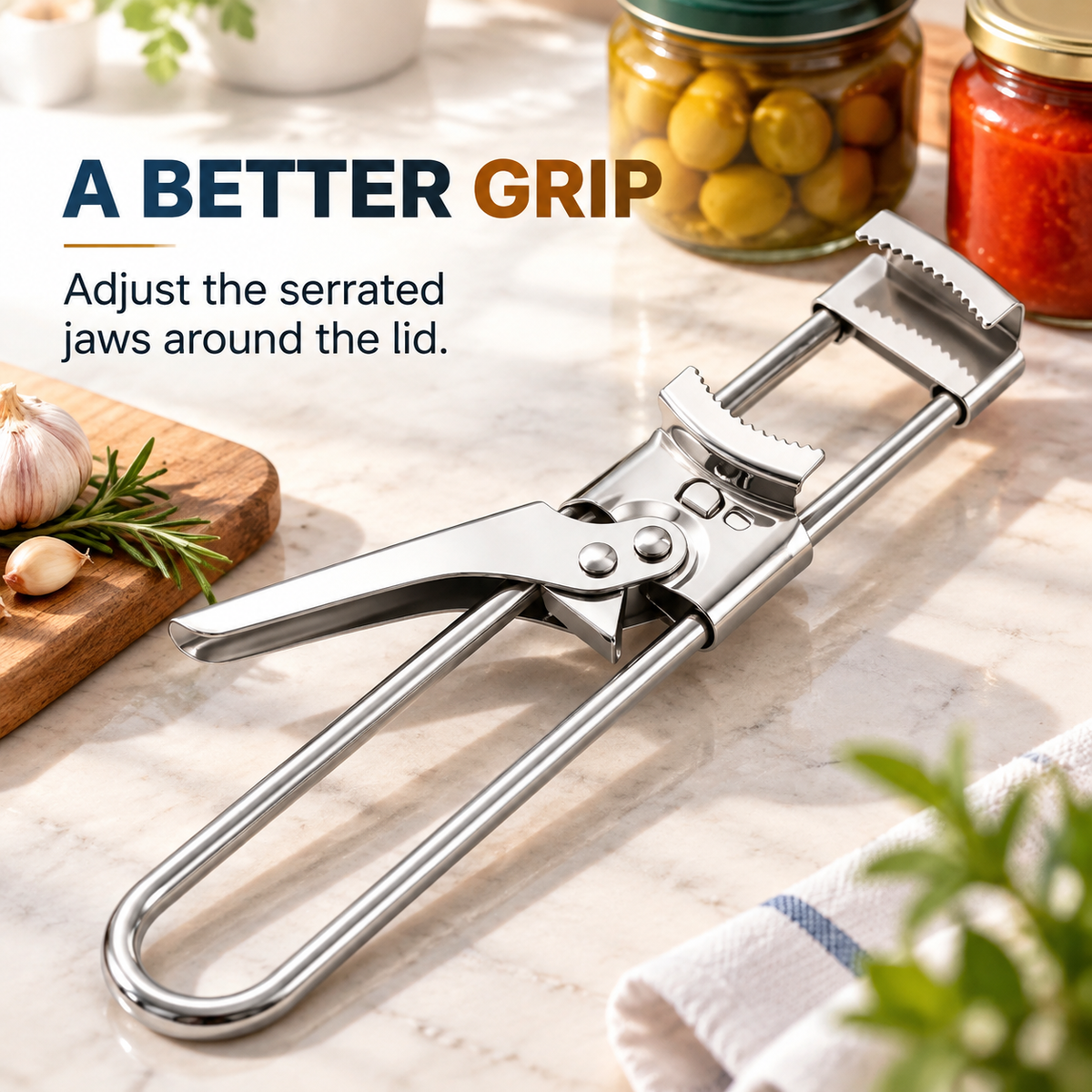 Adjustable stainless steel jar opener showing the serrated jaws positioned to fit around a jar lid