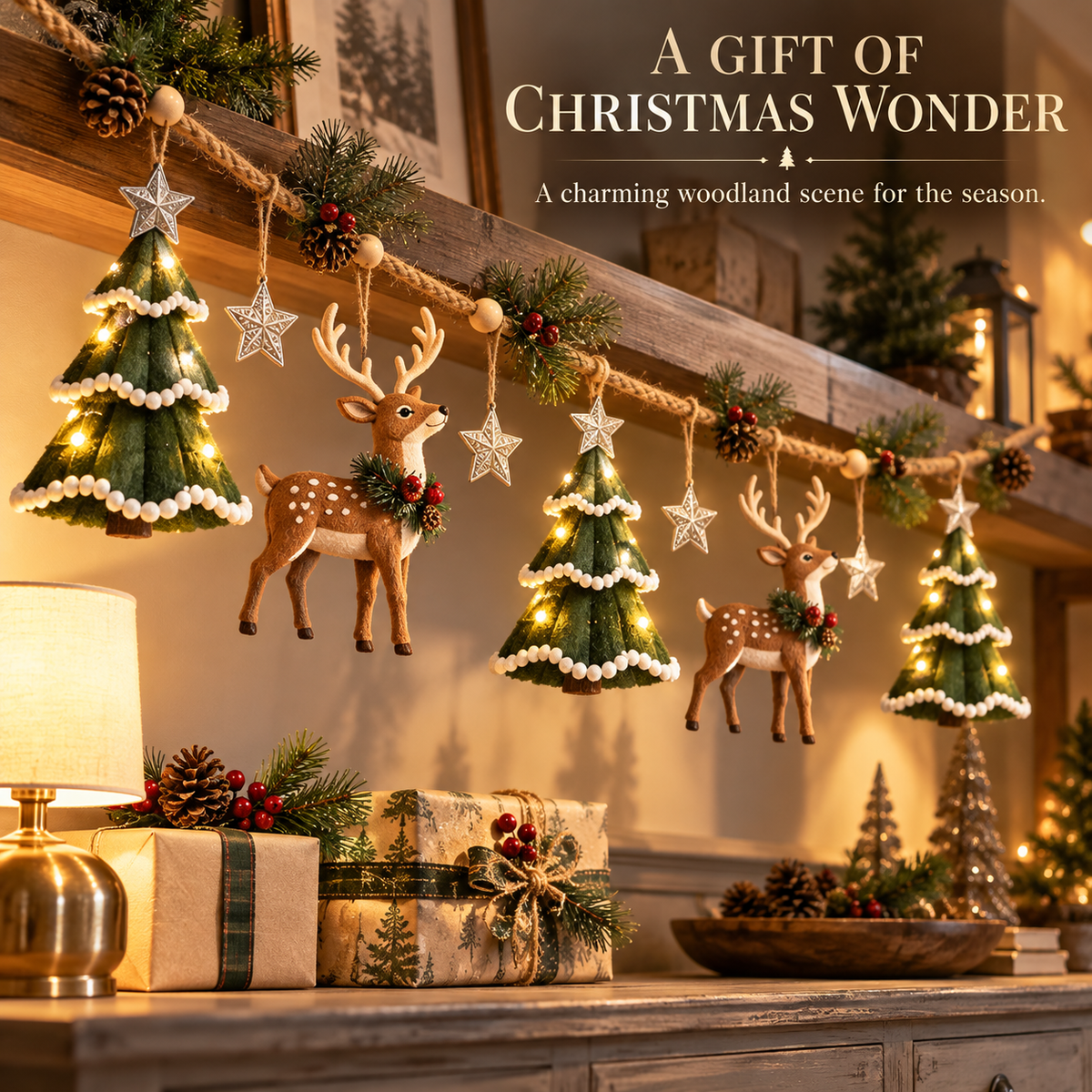 🎄✨ Enchanted Lighted Woodland Christmas Garland – Glowing Evergreen Trees, Woodland Deer & Rustic Star Décor 🦌