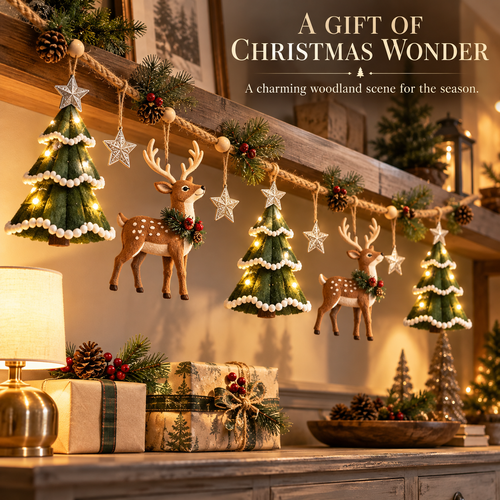 🎄✨ Enchanted Lighted Woodland Christmas Garland – Glowing Evergreen Trees, Woodland Deer & Rustic Star Décor 🦌