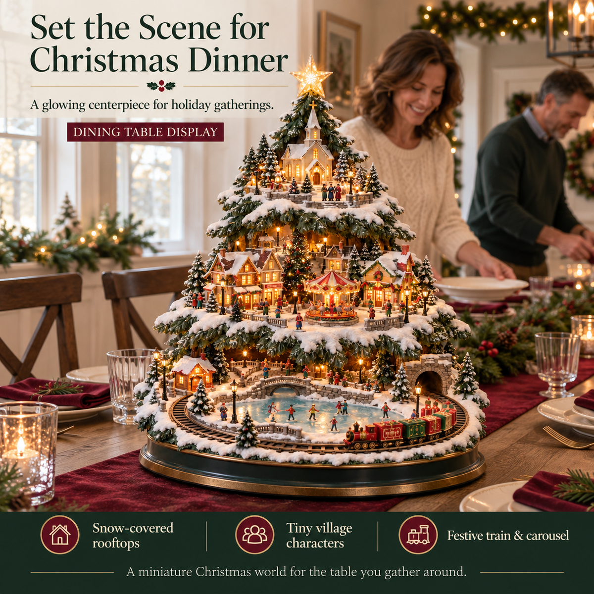 🎄 Lighted Christmas Village Tree – 3-Tier Holiday Village with Train, Carousel & Warm Glow