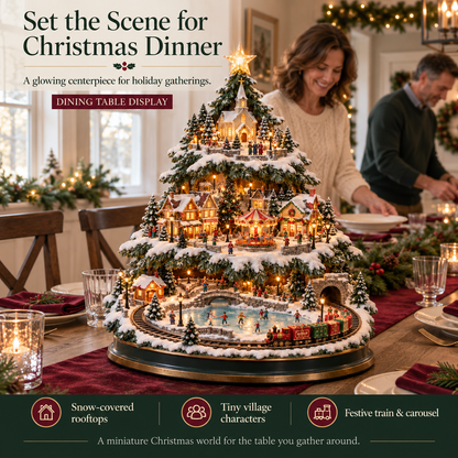 🎄 Lighted Christmas Village Tree – 3-Tier Holiday Village with Train, Carousel & Warm Glow