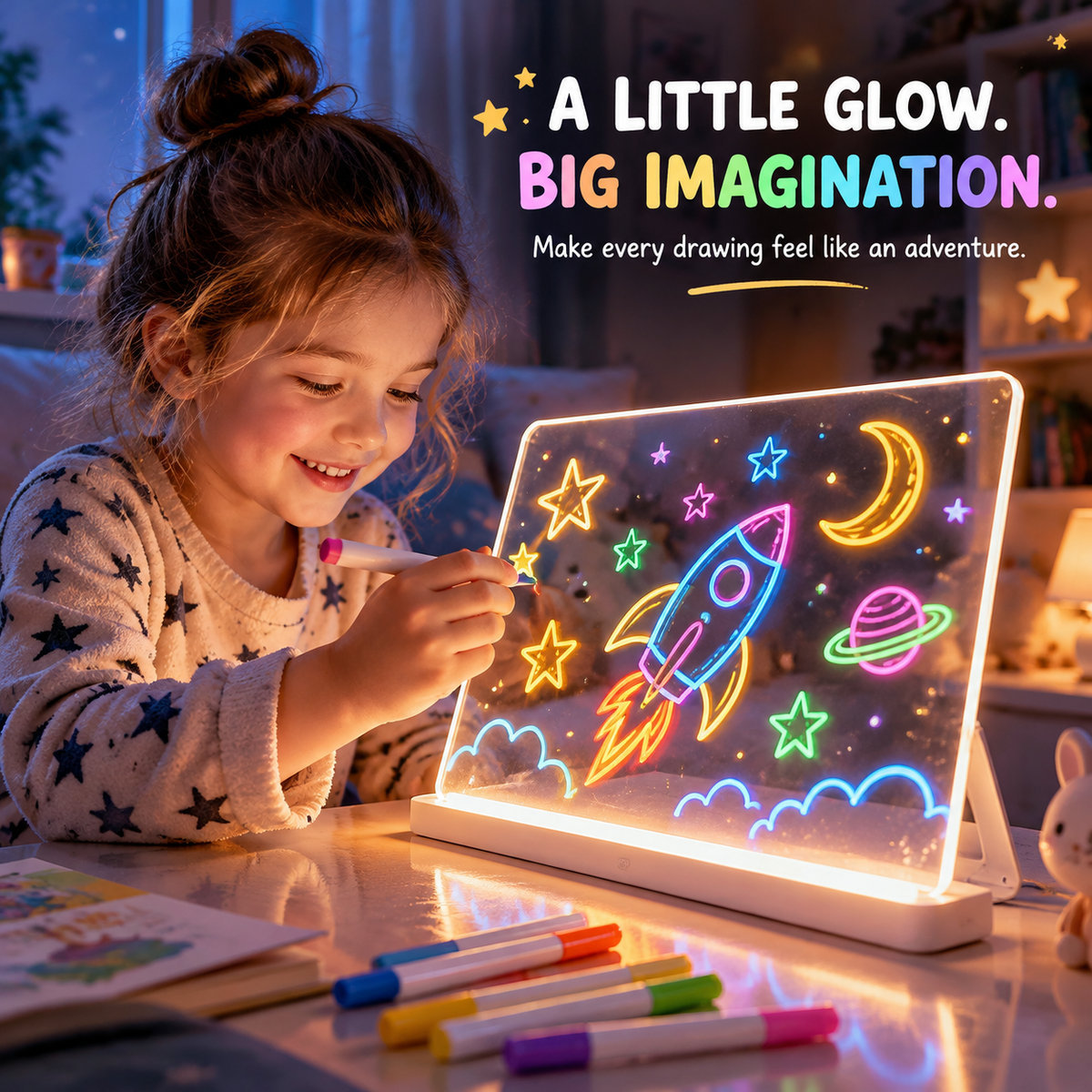 ✨ Luminous LED Drawing Board for Kids — Reusable Glow Art & 7 Color Pens