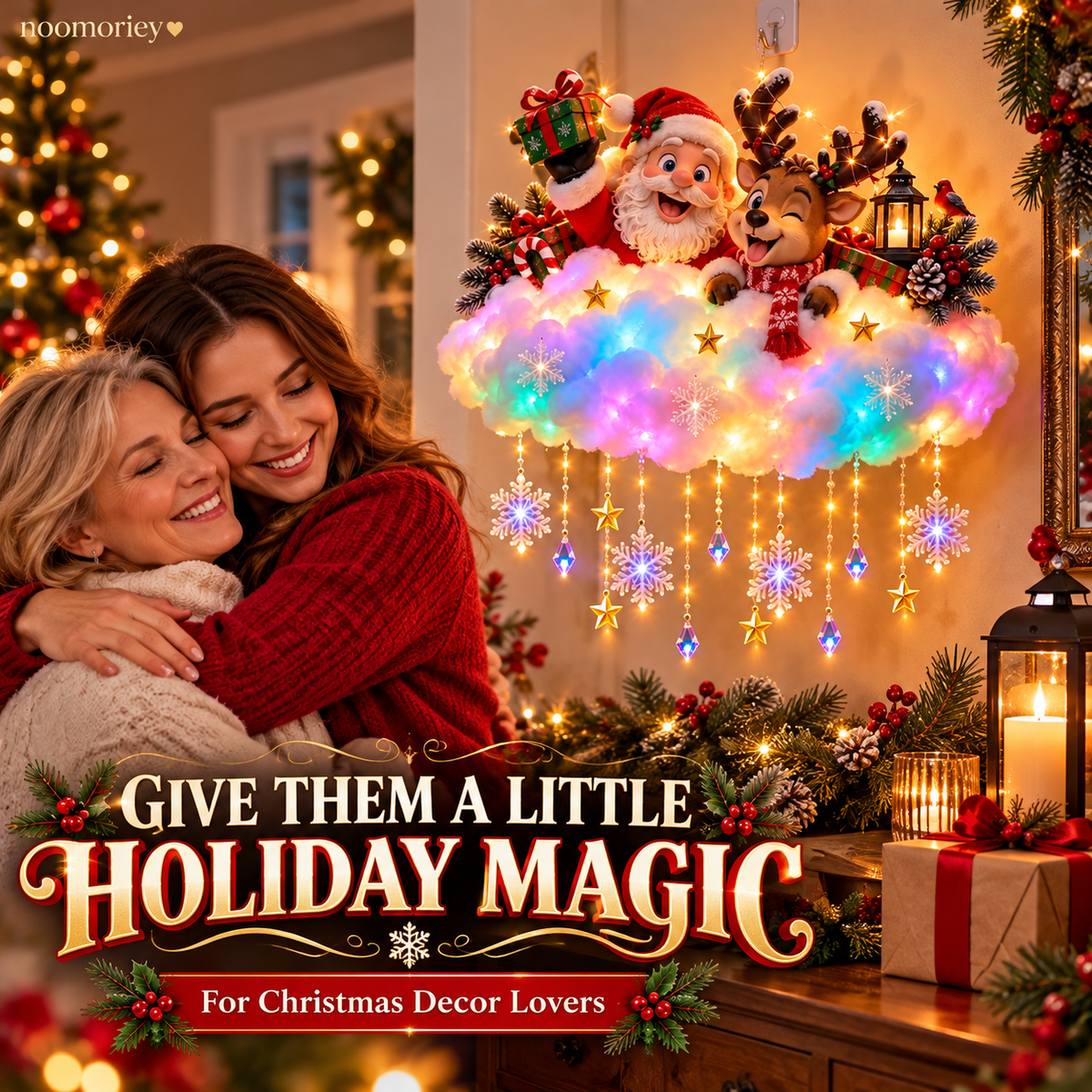 Christmas decor lovers enjoying Santa and reindeer light-up cloud decoration