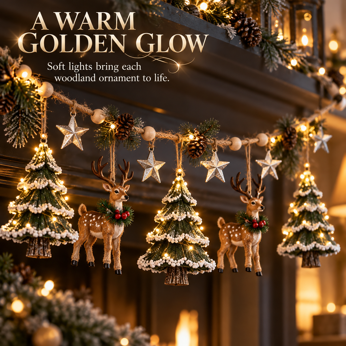 🎄✨ Enchanted Lighted Woodland Christmas Garland – Glowing Evergreen Trees, Woodland Deer & Rustic Star Décor 🦌