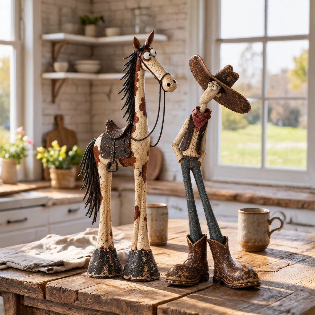 🤠🐴Whimsical Western Cowboy & Horse Figurine — Funny Wild West Decor
