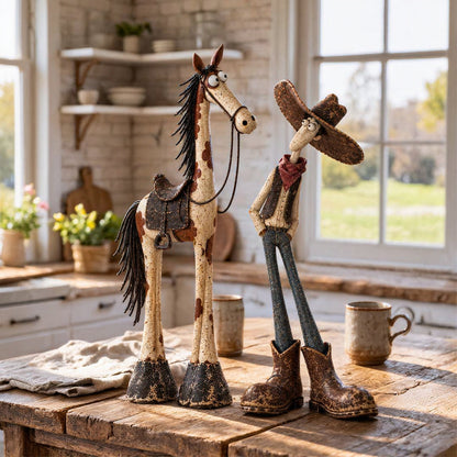 🤠🐴Whimsical Western Cowboy & Horse Figurine — Funny Wild West Decor