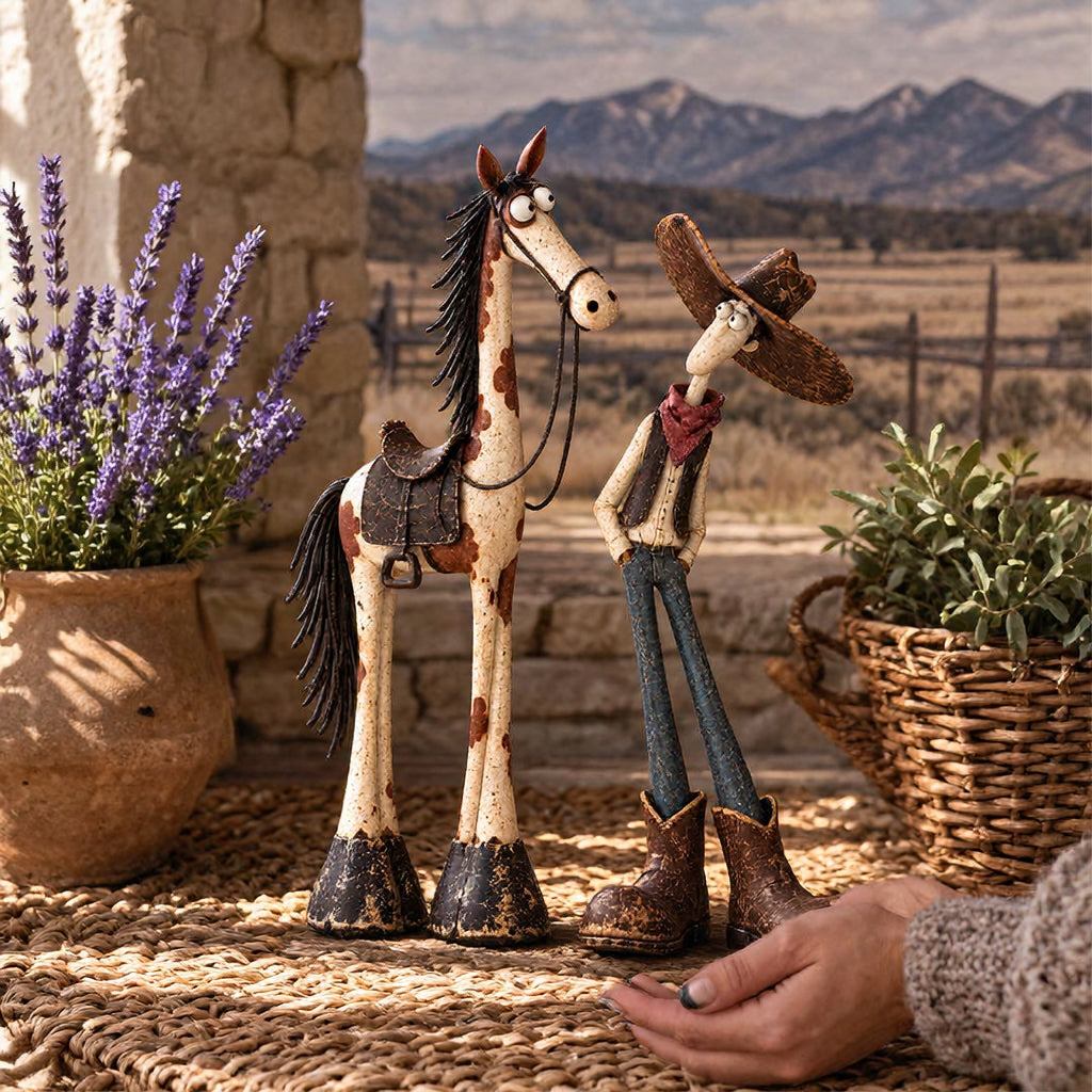 🤠🐴Whimsical Western Cowboy & Horse Figurine — Funny Wild West Decor