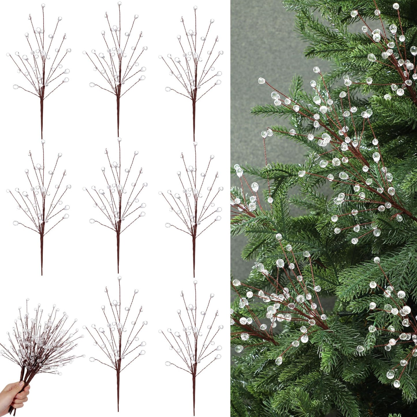 🎄8 Pcs Acrylic Crystal Christmas Tree Picks, 11.8 Inch with Bead Drop