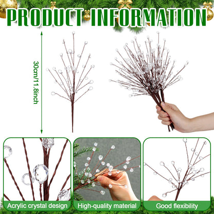 🎄8 Pcs Acrylic Crystal Christmas Tree Picks, 11.8 Inch with Bead Drop
