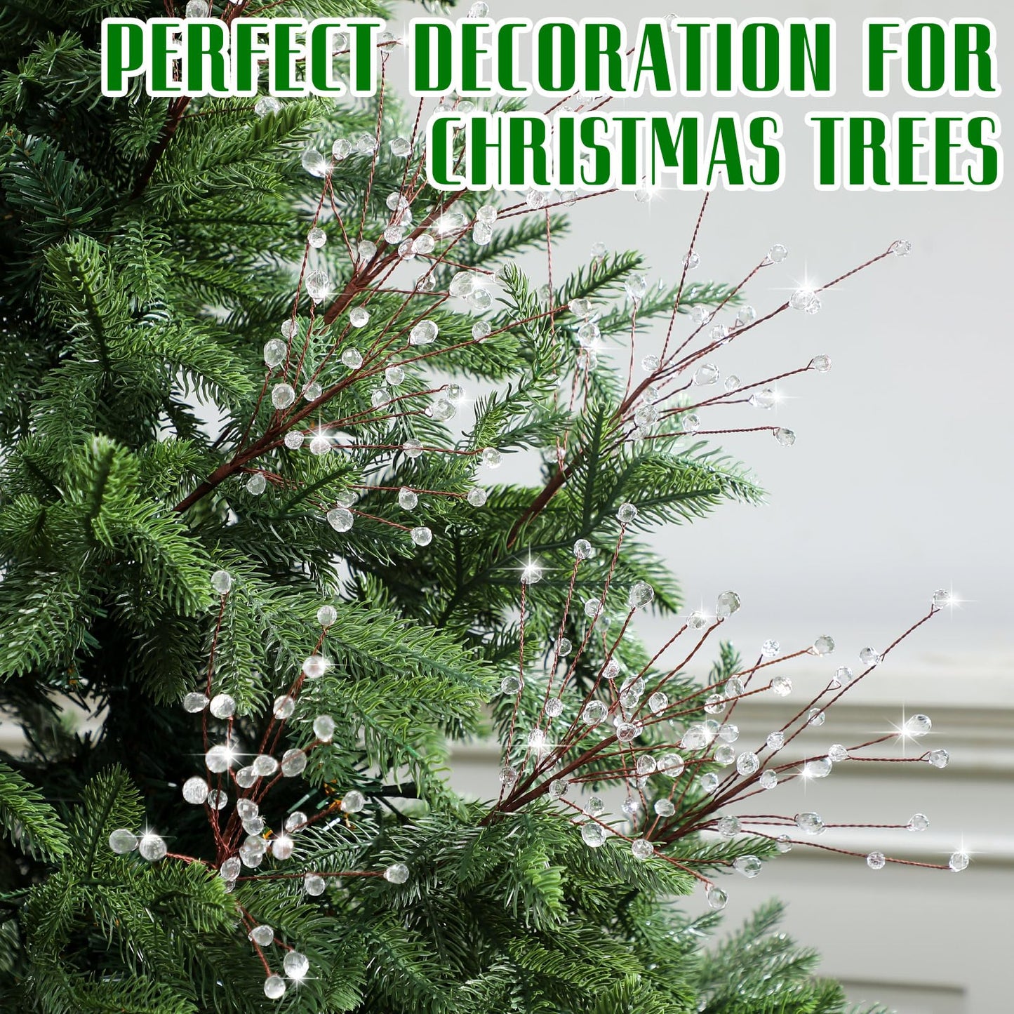 🎄8 Pcs Acrylic Crystal Christmas Tree Picks, 11.8 Inch with Bead Drop