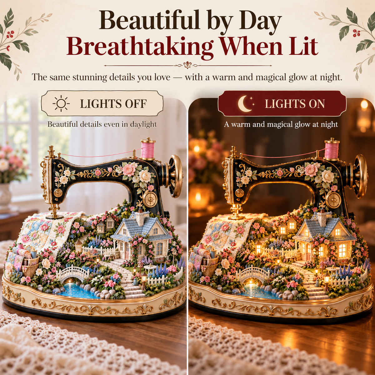🪡 Stitched to Life Sewing Machine Garden Light – Illuminated Vintage Sewing-Themed Decor