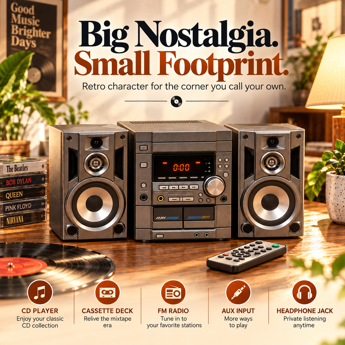 🎵 Mini Retro Stereo Sound System – Vintage Desktop Audio Player with Dual Speakers, Digital Display & Remote Control