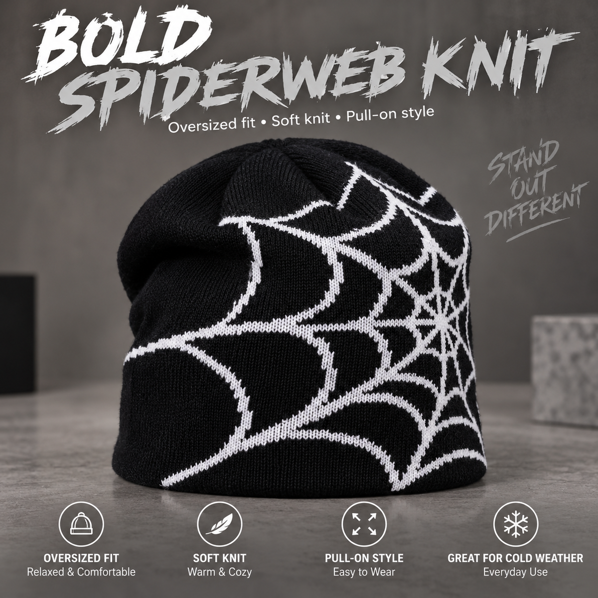 🕸️Oversized Spiderweb Knit Beanie – Bold Contrast Streetwear Winter Hat