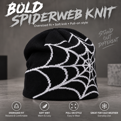 🕸️Oversized Spiderweb Knit Beanie – Bold Contrast Streetwear Winter Hat