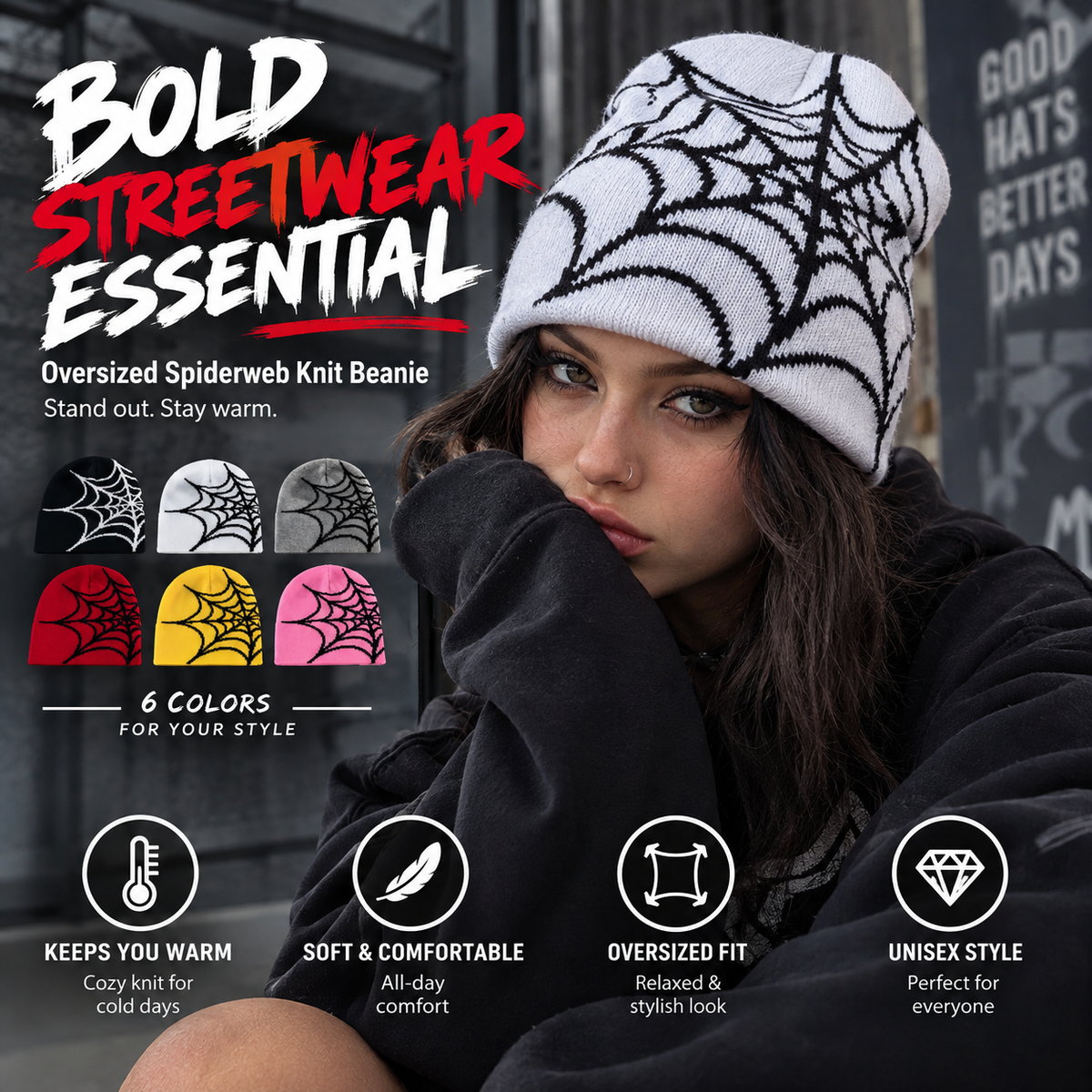🕸️Oversized Spiderweb Knit Beanie – Bold Contrast Streetwear Winter Hat