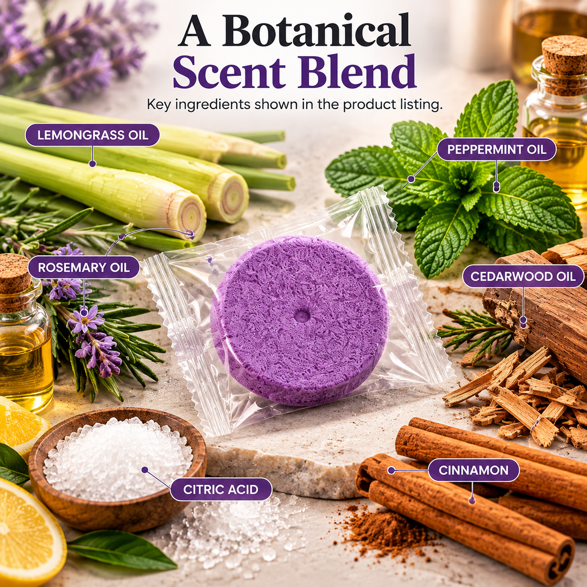 Product gallery ingredient graphic featuring lemongrass, peppermint, rosemary, cedarwood, citric acid and cinnamon