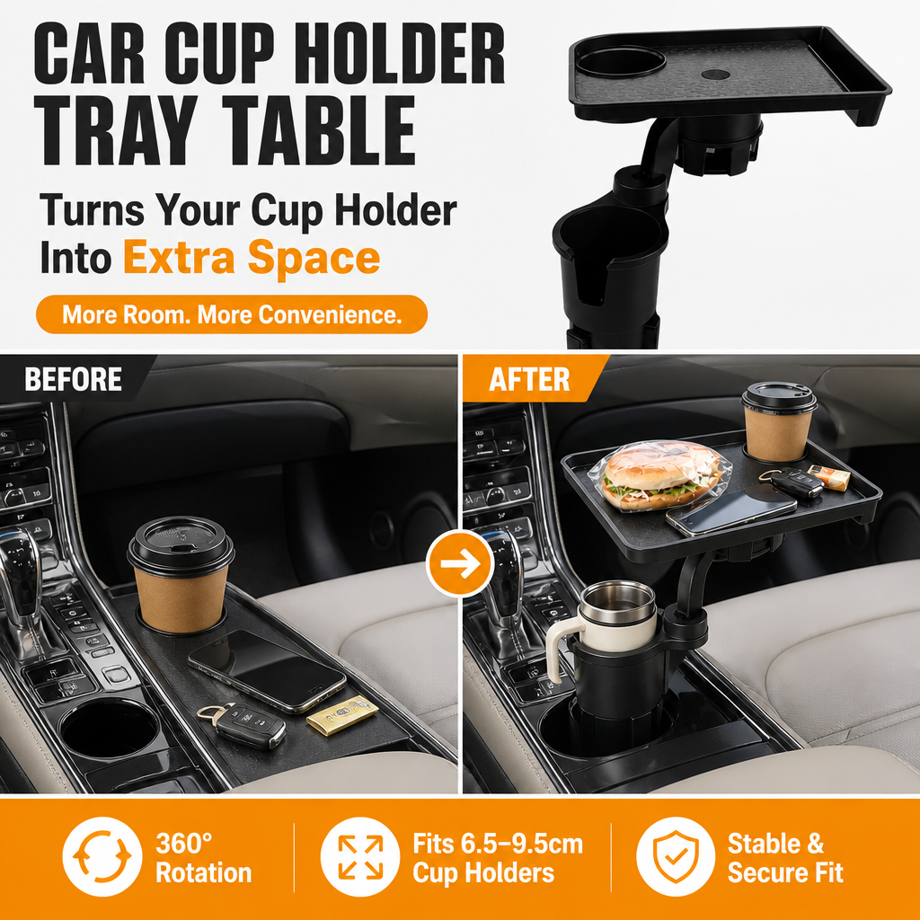 360° Rotating Car Cup Holder Tray Table – Eat, Sip & Stay Organized