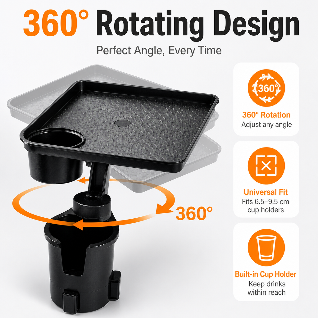 360° Rotating Car Cup Holder Tray Table – Eat, Sip & Stay Organized