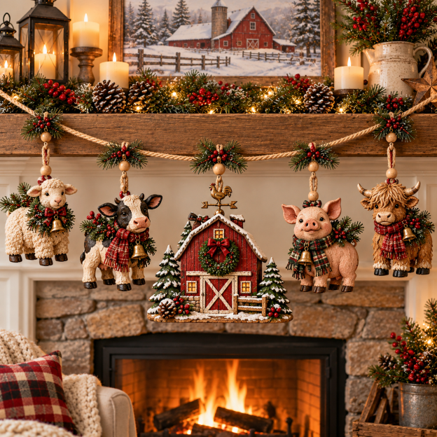 🔥Last Day 49% OFF -🐄 Christmas Farm Friends Hanging Mantel Garland