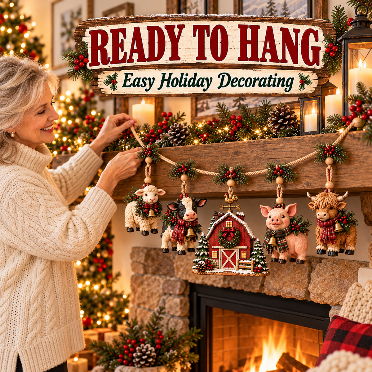 🔥Last Day 49% OFF -🐄 Christmas Farm Friends Hanging Mantel Garland