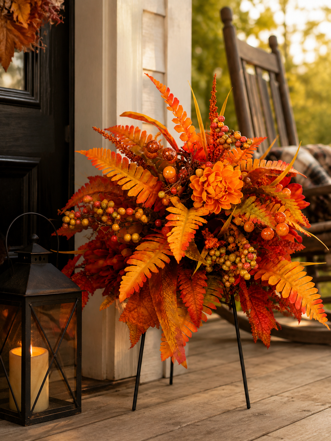 🍂 Autumn Harvest Floral Garden Stake – Artificial Fall Porch & Planter Arrangement