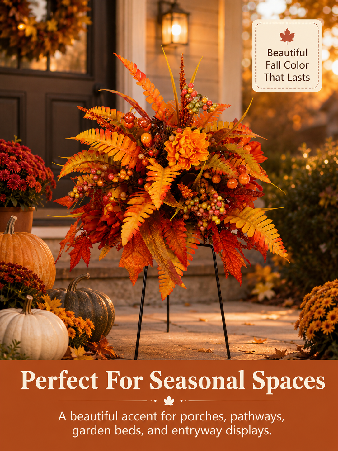 🍂 Autumn Harvest Floral Garden Stake – Artificial Fall Porch & Planter Arrangement
