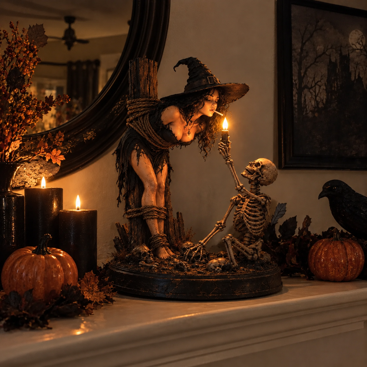 🔥 Witch & Skeleton Light-Up Halloween Figurine – Gothic Tabletop Décor