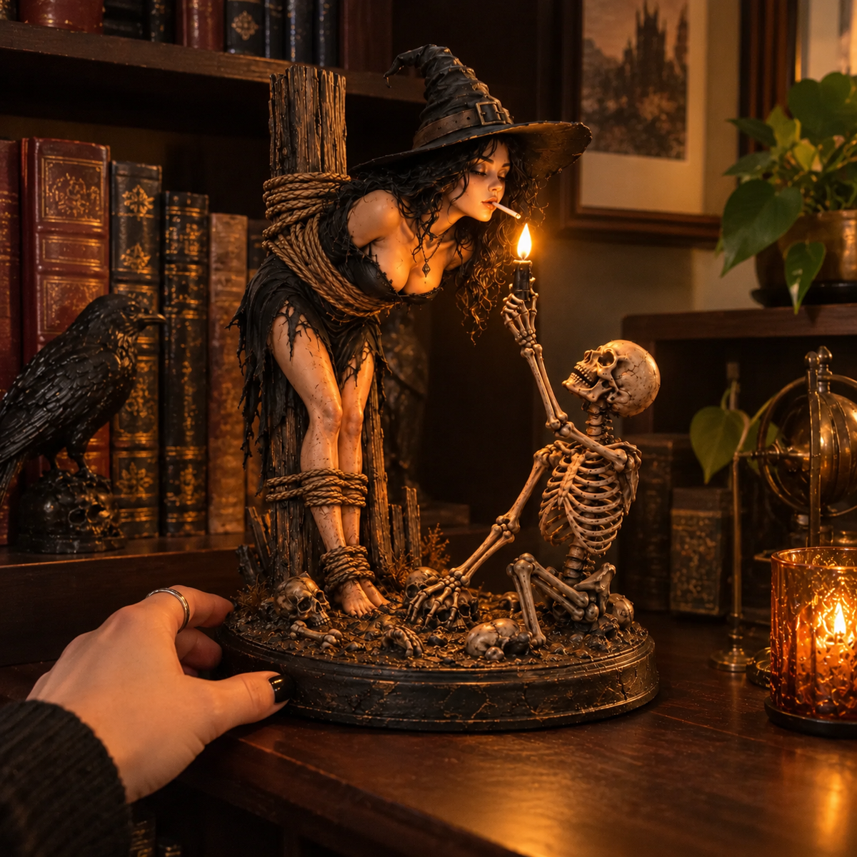 🔥 Witch & Skeleton Light-Up Halloween Figurine – Gothic Tabletop Décor