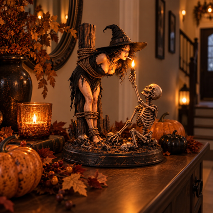 🔥 Witch & Skeleton Light-Up Halloween Figurine – Gothic Tabletop Décor