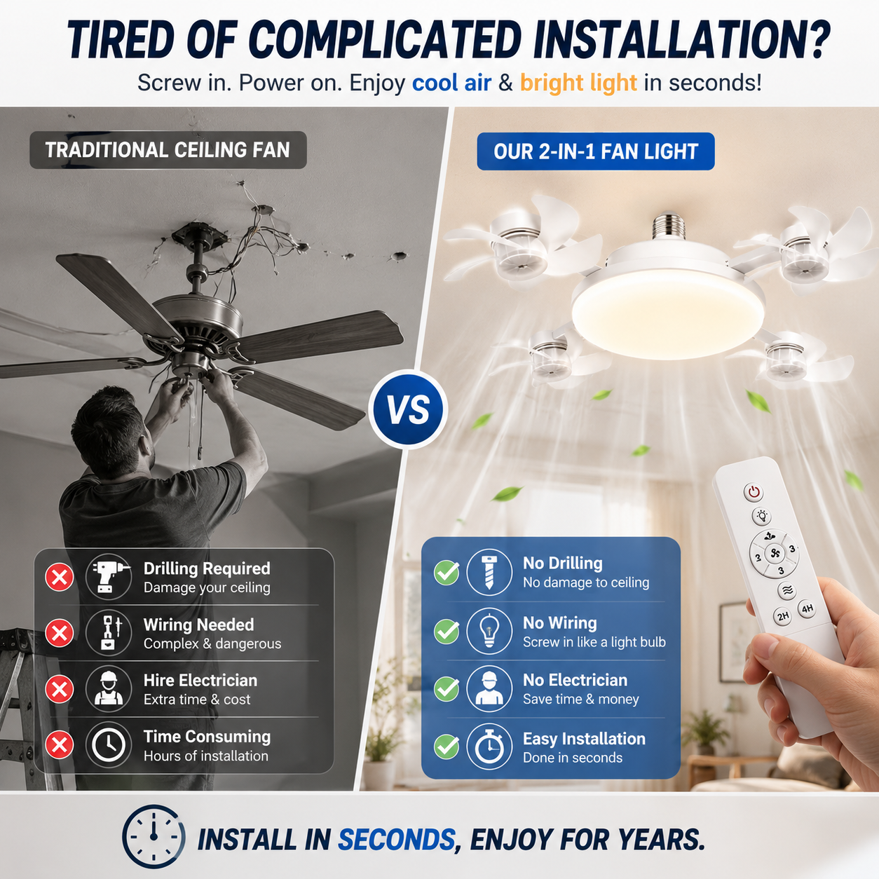 💡🌀2026 New E27 Socket Ceiling Fan Light - 2-in-1 Silent LED Fan with Remote Control, Energy-Saving Cooling & Lighting Combo for Home Bedroom