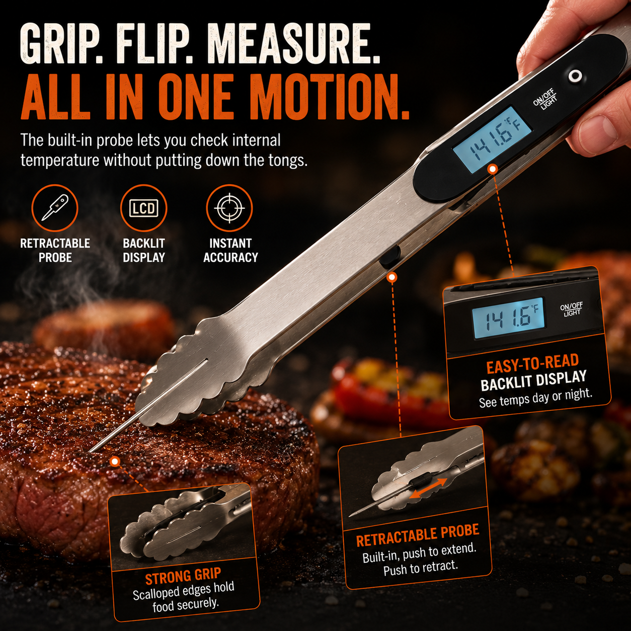 🔥2-in-1 BBQ Tongs with Digital Meat Thermometer