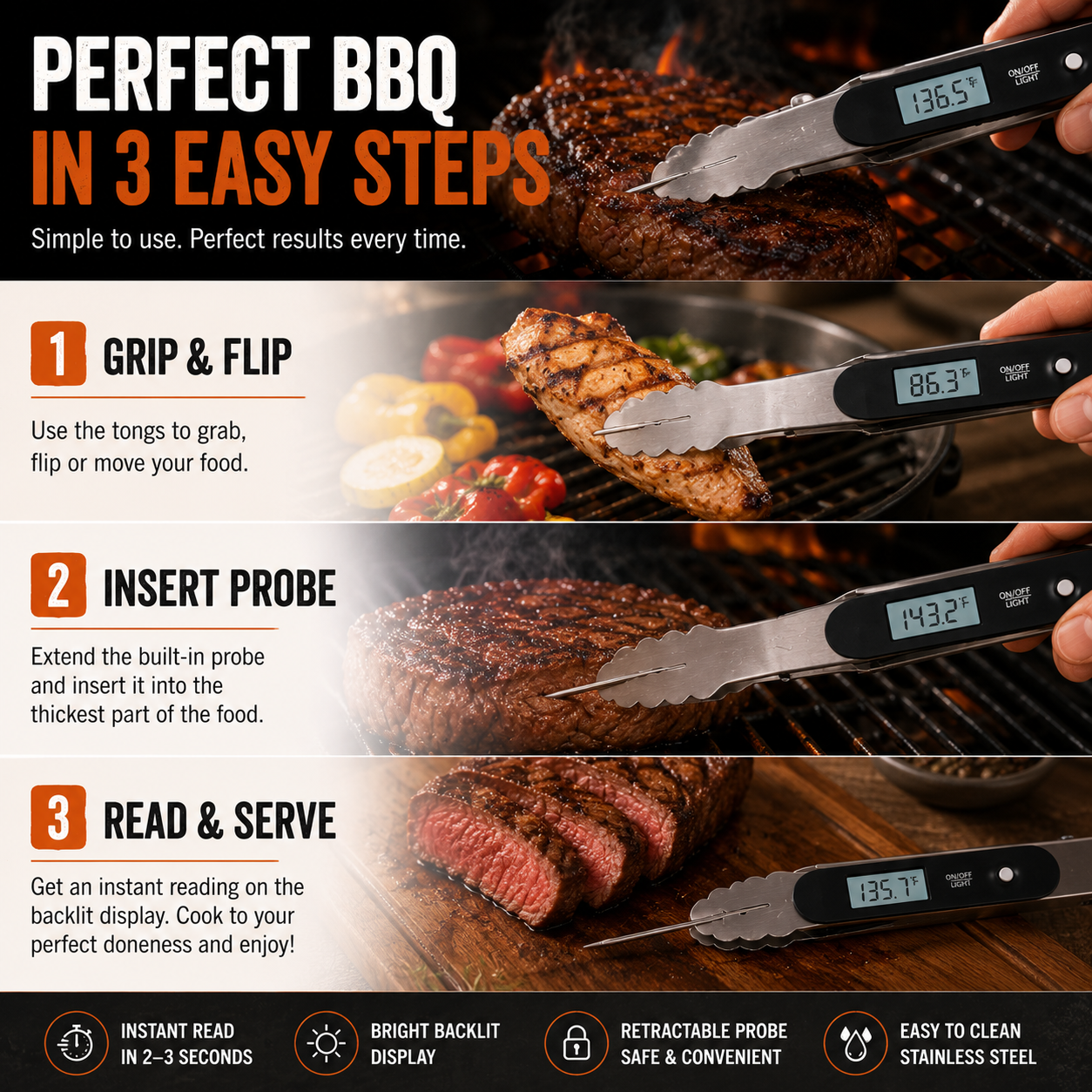 🔥2-in-1 BBQ Tongs with Digital Meat Thermometer