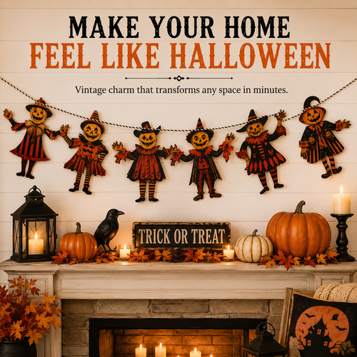 Vintage Wooden Halloween Pumpkin Character Garland -6-Piece Rustic Hanging Banner for Mantels, Walls, Porches & Parties