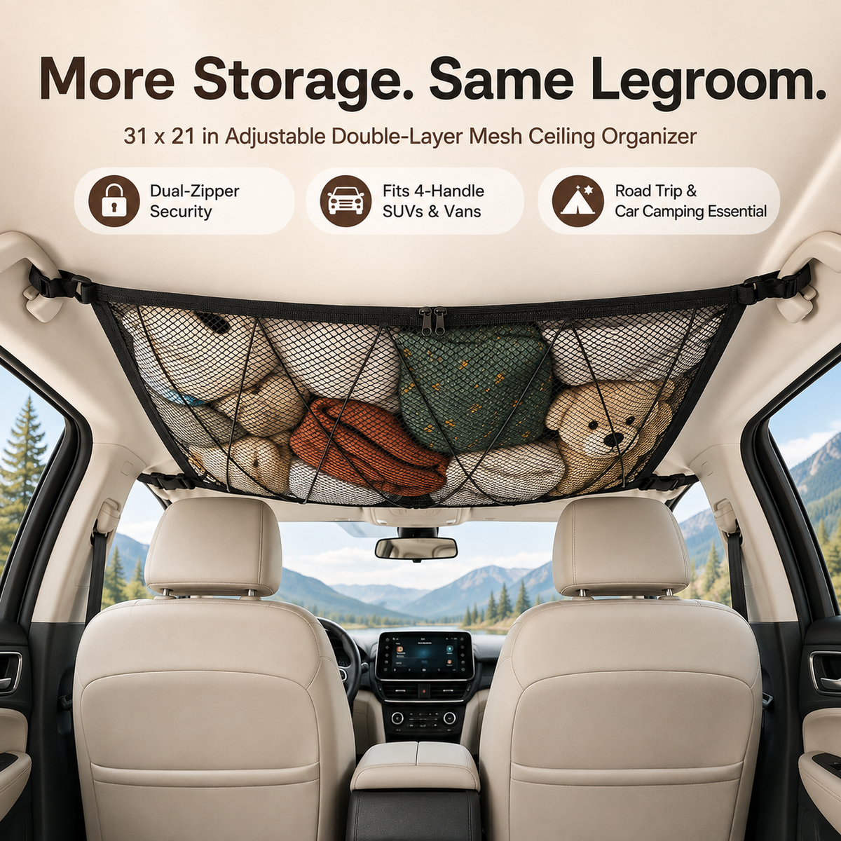🚙 Ceiling Cargo Net – Double-Layer SUV Roof Organizer for Road Trips