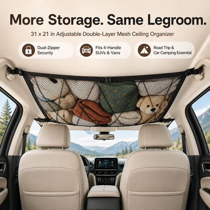 🚙 Ceiling Cargo Net – Double-Layer SUV Roof Organizer for Road Trips