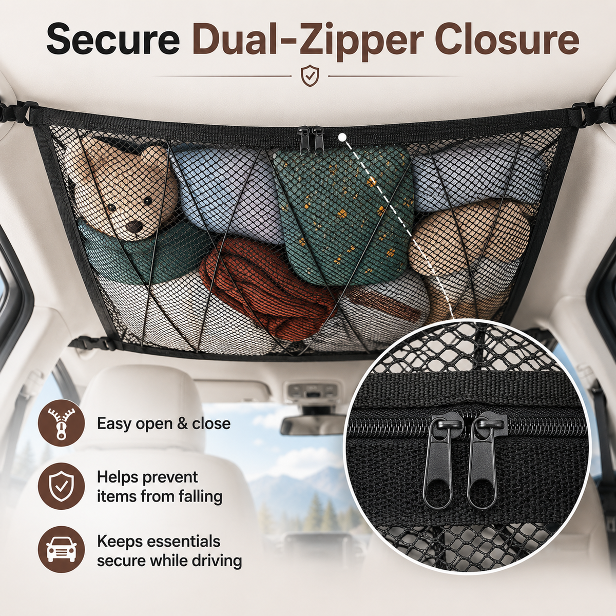 🚙 Ceiling Cargo Net – Double-Layer SUV Roof Organizer for Road Trips