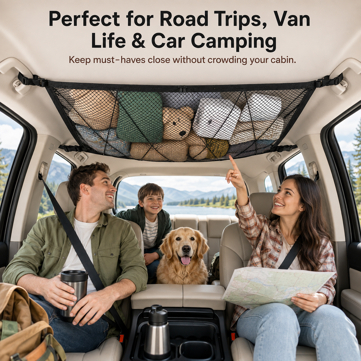 🚙 Ceiling Cargo Net – Double-Layer SUV Roof Organizer for Road Trips