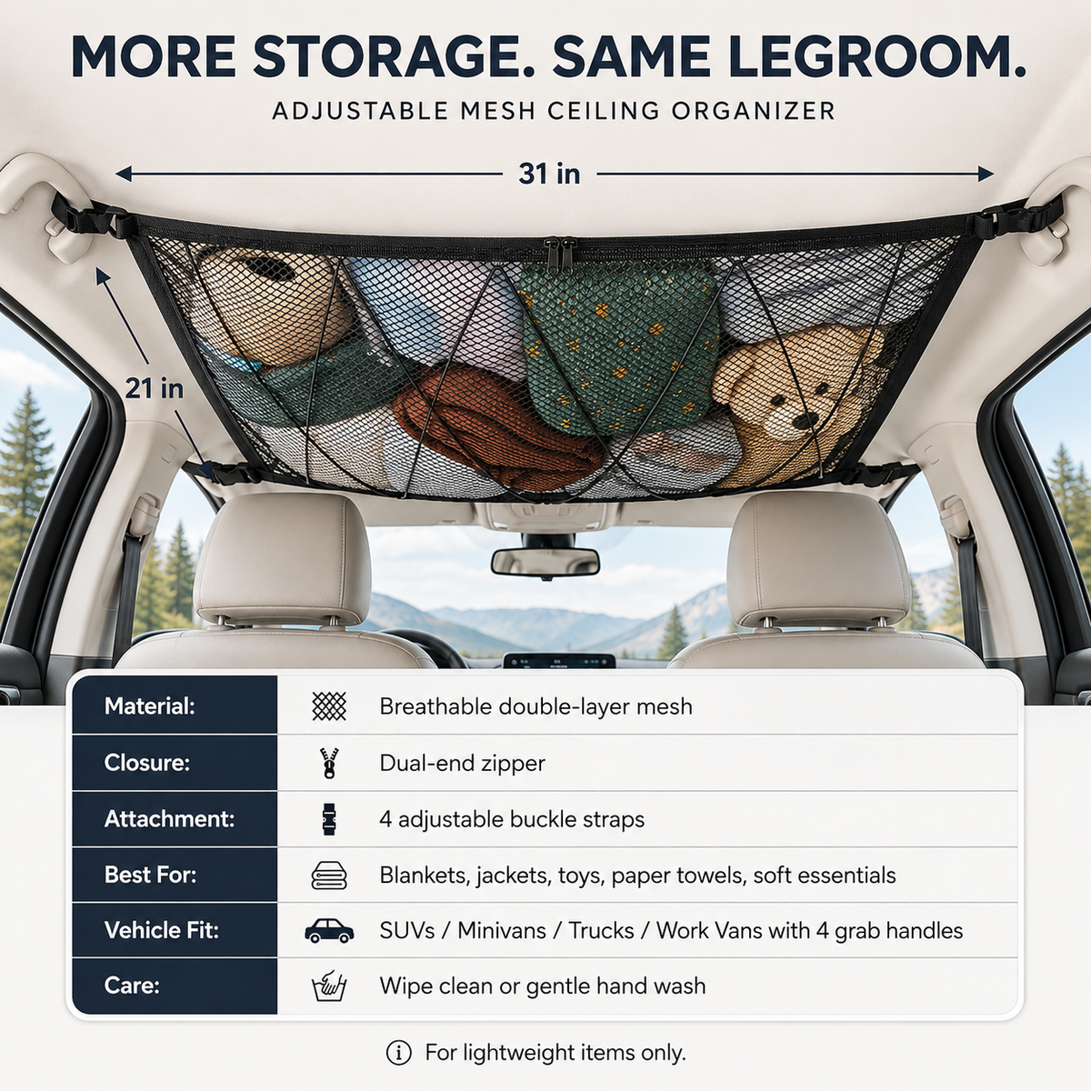 🚙 Ceiling Cargo Net – Double-Layer SUV Roof Organizer for Road Trips