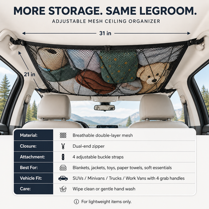 🚙 Ceiling Cargo Net – Double-Layer SUV Roof Organizer for Road Trips
