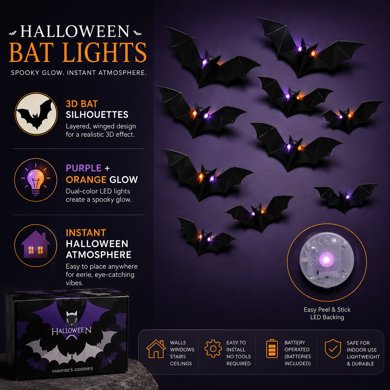 🦇3D LED Halloween Bat Lights – Purple & Orange Glow Wall Decor