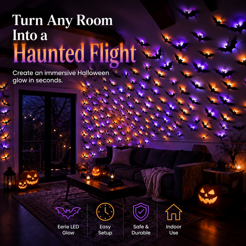 🦇3D LED Halloween Bat Lights – Purple & Orange Glow Wall Decor